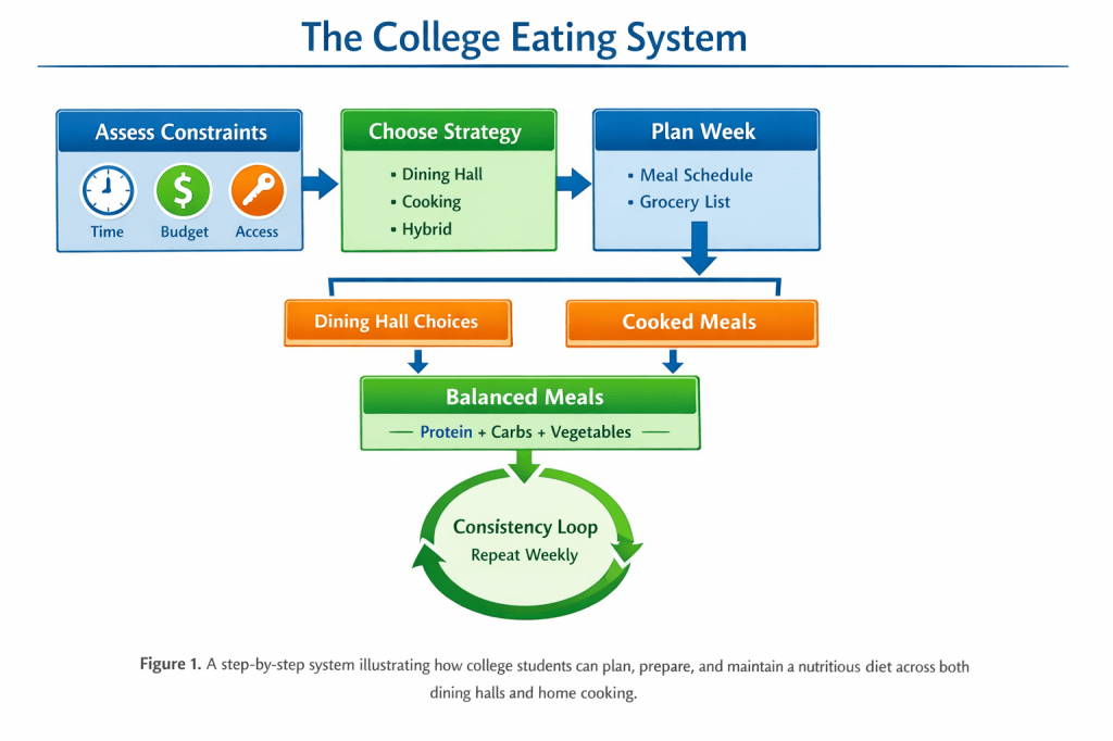 Flowchart showing steps from assessing constraints to maintaining a consistent weekly eating routine.