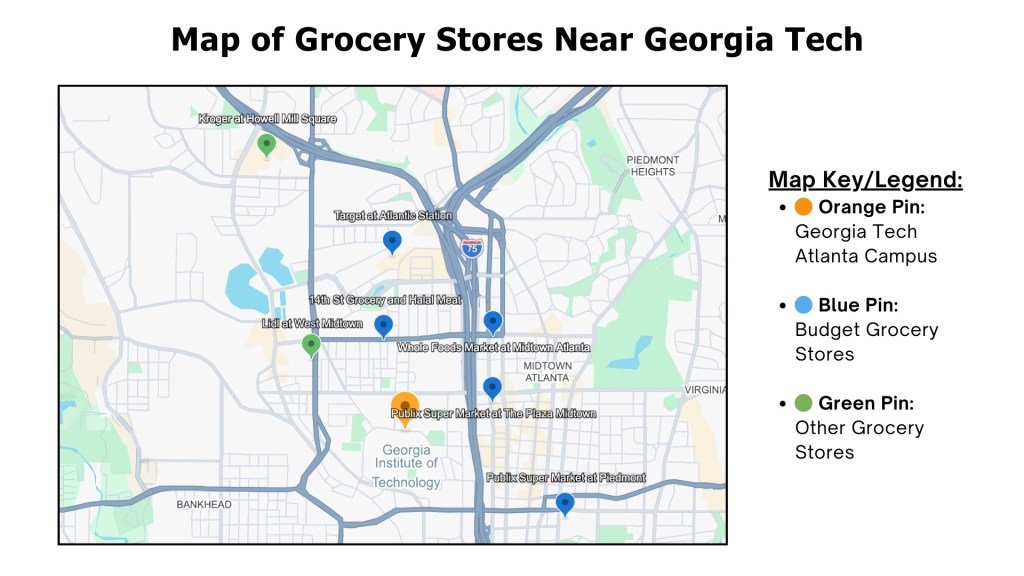 A map showing grocery stores nearby Georgia Tech marked by colored pins. An orange pin marks the Georgia Tech Atlanta Campus. Blue pins indicate budget grocery stores, including Lidl at West Midtown, and Kroger at Howell Mill Square. Green pins indicate all other grocery stores, including Target at Atlantic Station, 14th St Grocery and Halal Meat, Whole Foods Market at Midtown Atlanta, Publix Super Market at Piedmont, and Publix Super Market at The Plaza Midtown.