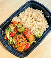A tray of fish, vegetables, and rice from North Ave Dining Hall.