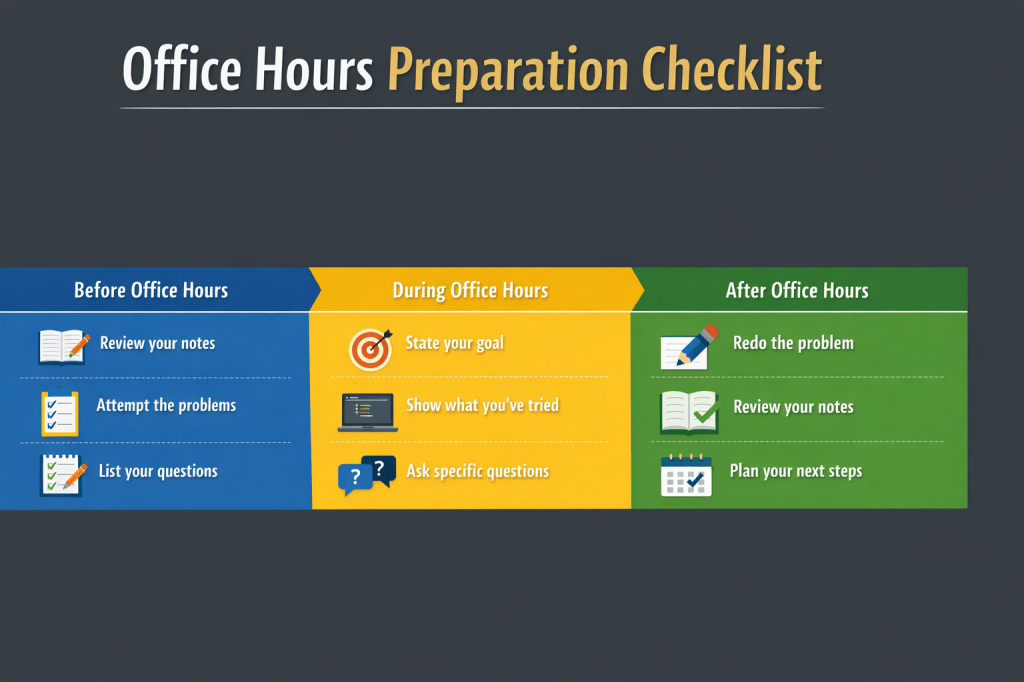 A three-part infographic titled “Office Hours Preparation Checklist.” It is divided into Before Office Hours, During Office Hours, and After Office Hours. The first section includes review your notes, attempt the problems, and list your questions. The second section includes state your goal, show what you’ve tried, and ask specific questions. The third section includes redo the problem, review your notes, and plan your next steps.