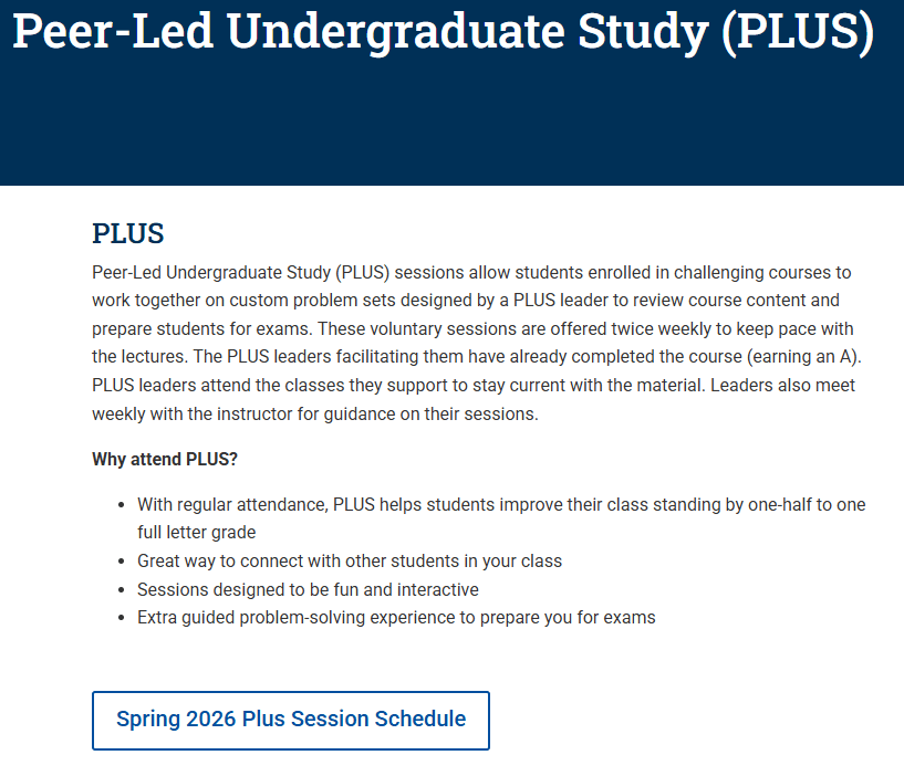 Screenshot of PLUS Session Page Showing What it is and Place to Find Schedule