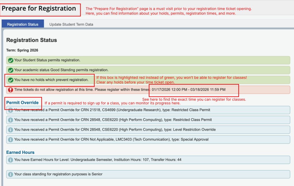 Annotated screenshot of the OSCAR Prepare for Registration page showing where to check for account holds, registration time tickets, and permit overrides.
