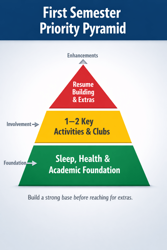 Three-tier pyramid diagram showing health and academics as the foundation for first semester success.