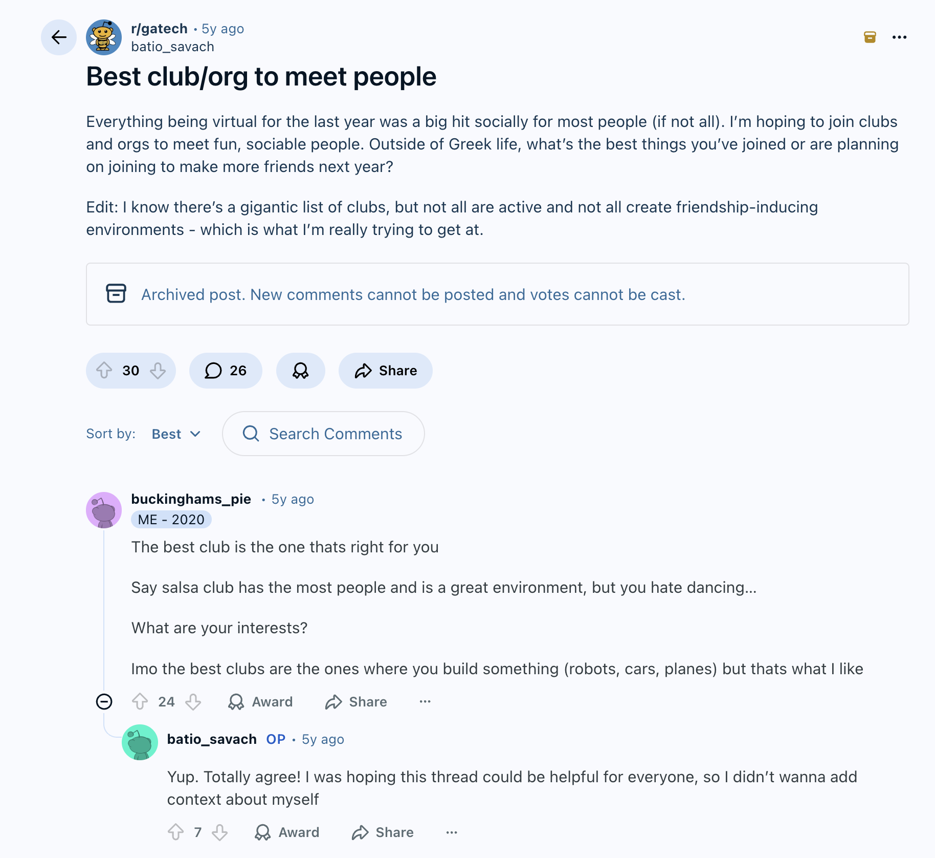 Screenshot of a Reddit post asking GT Students what the best club to meet people is. 