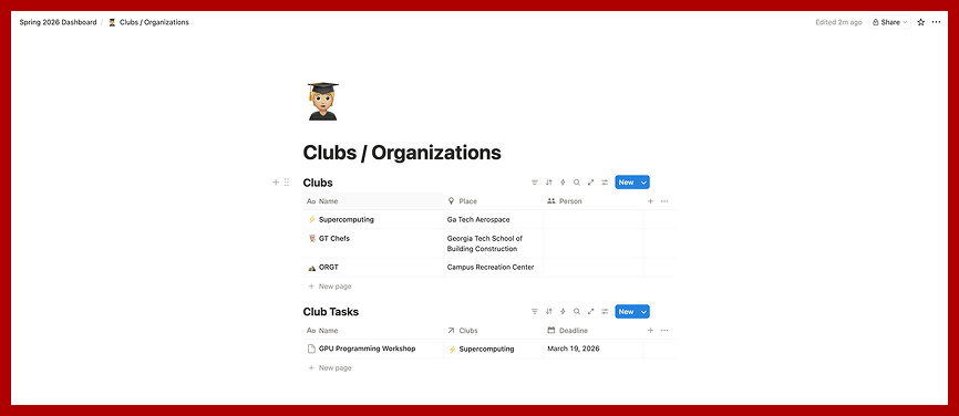 Screenshot of a Notion page titled ‘Clubs / Organizations’ displaying a database of student organizations with columns for club name, meeting location, and contact person, along with a second database for tracking club-related tasks and deadlines.