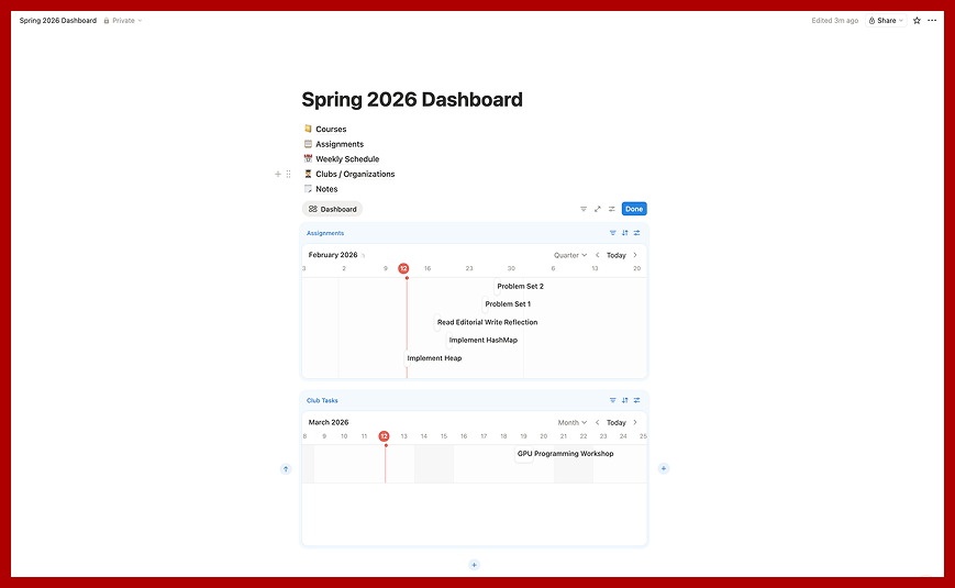 Screenshot of a completed Notion ‘Spring 2026 Dashboard’ showing calendar views of assignments and club tasks organized by date