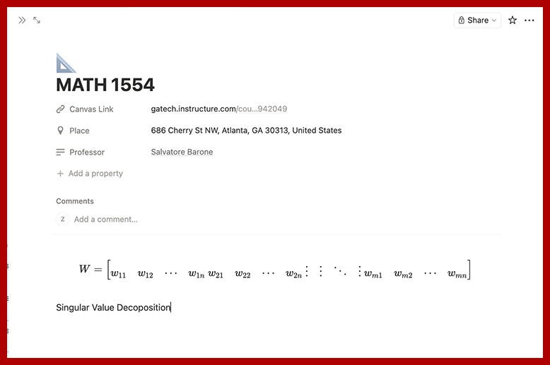 Screenshot of a Notion course page for ‘MATH 1554’ displaying course information and lecture notes including a mathematical matrix equation