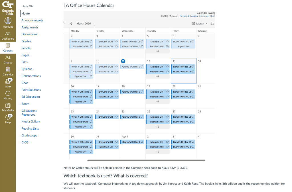 A screenshot of a course syllabus or Canvas page showing office-hours information, including the days, times, location, and whether the session is in person or virtual.