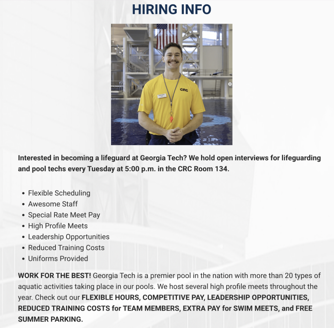 Georgia Tech CRC Lifeguard hiring post that details job responsibilities and open interview opportunities.