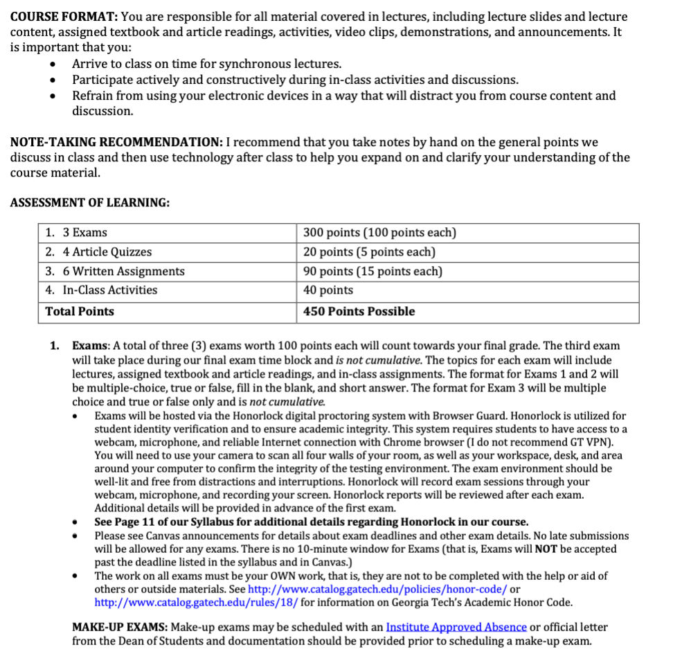 Screenshot of a Georgia Tech syllabus showing grading percentages 