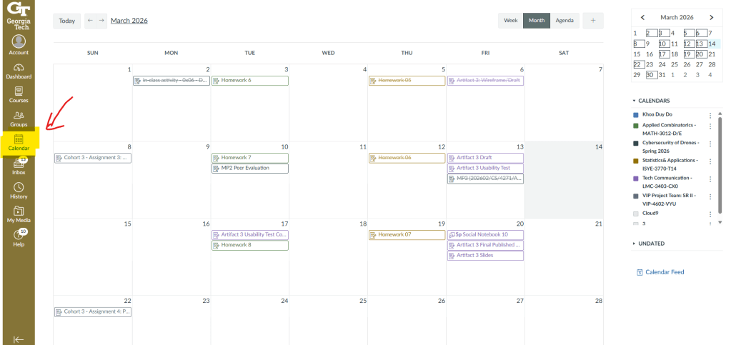 A screenshot of the Georgia Tech Canvas interface. A red arrow points to the "Calendar" icon located in the global navigation menu on the far left side of the screen.
