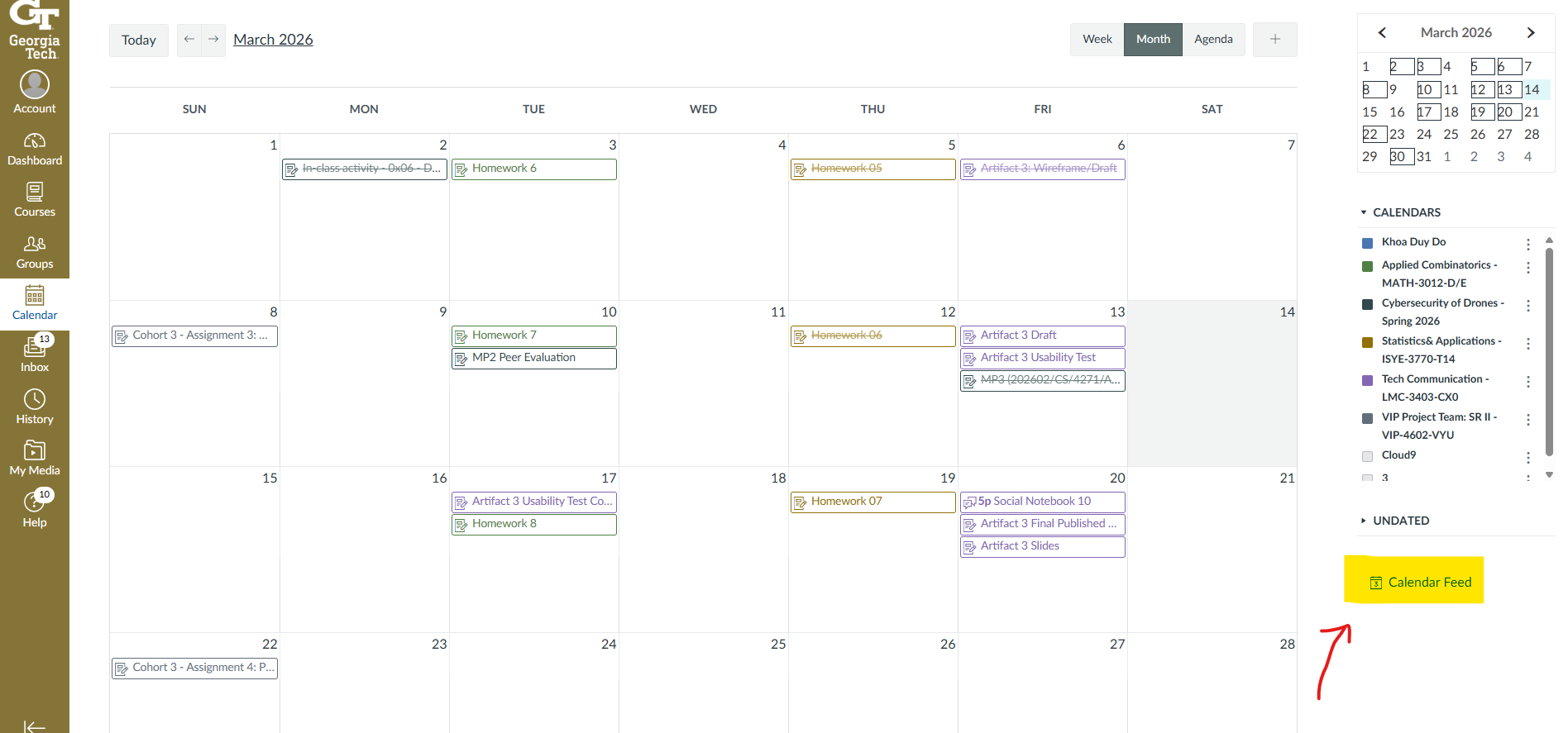 A screenshot of the Canvas calendar interface. A red arrow points to the "Calendar Feed" link situated in the bottom right corner of the screen, just below the list of individual course calendars.