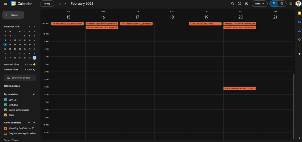 A screenshot of a Google Calendar weekly view in dark mode. Several assignment deadlines and exams are scheduled throughout the week, all distinctly color-coded in a bright orange to make them stand out clearly against the dark background.