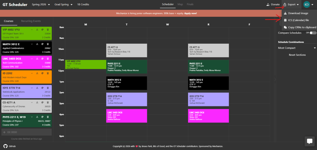 A screenshot of the GT Scheduler interface displaying a student's weekly class schedule in dark mode. Two red arrows highlight the export process: the first points to the "Export" button in the top right menu bar, and the second points to the "ICS (Calendar) file" option in the drop-down menu.