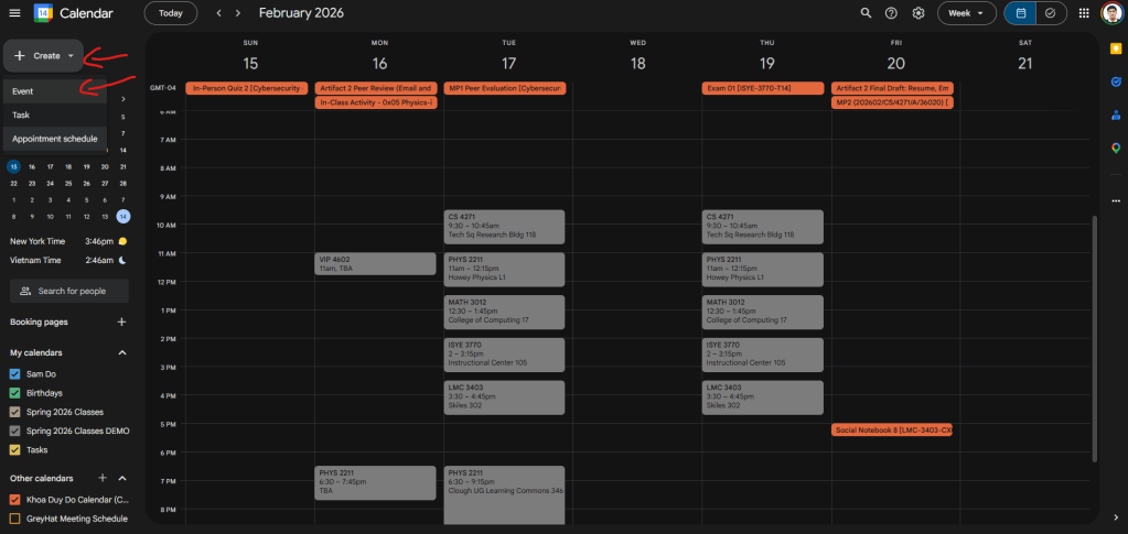 A screenshot of the main Google Calendar interface in dark mode. On the top left side of the screen, two red arrows point to the "Create" button and the "Event" option within the expanded drop-down menu.