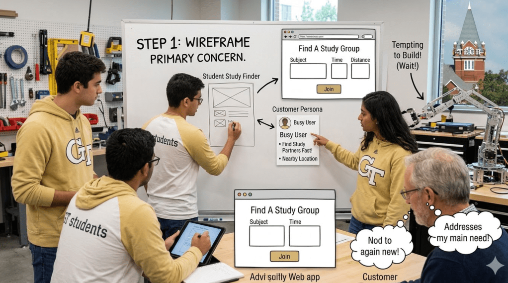 Students creating a wireframe and planning features for a startup MVP based on user needs.