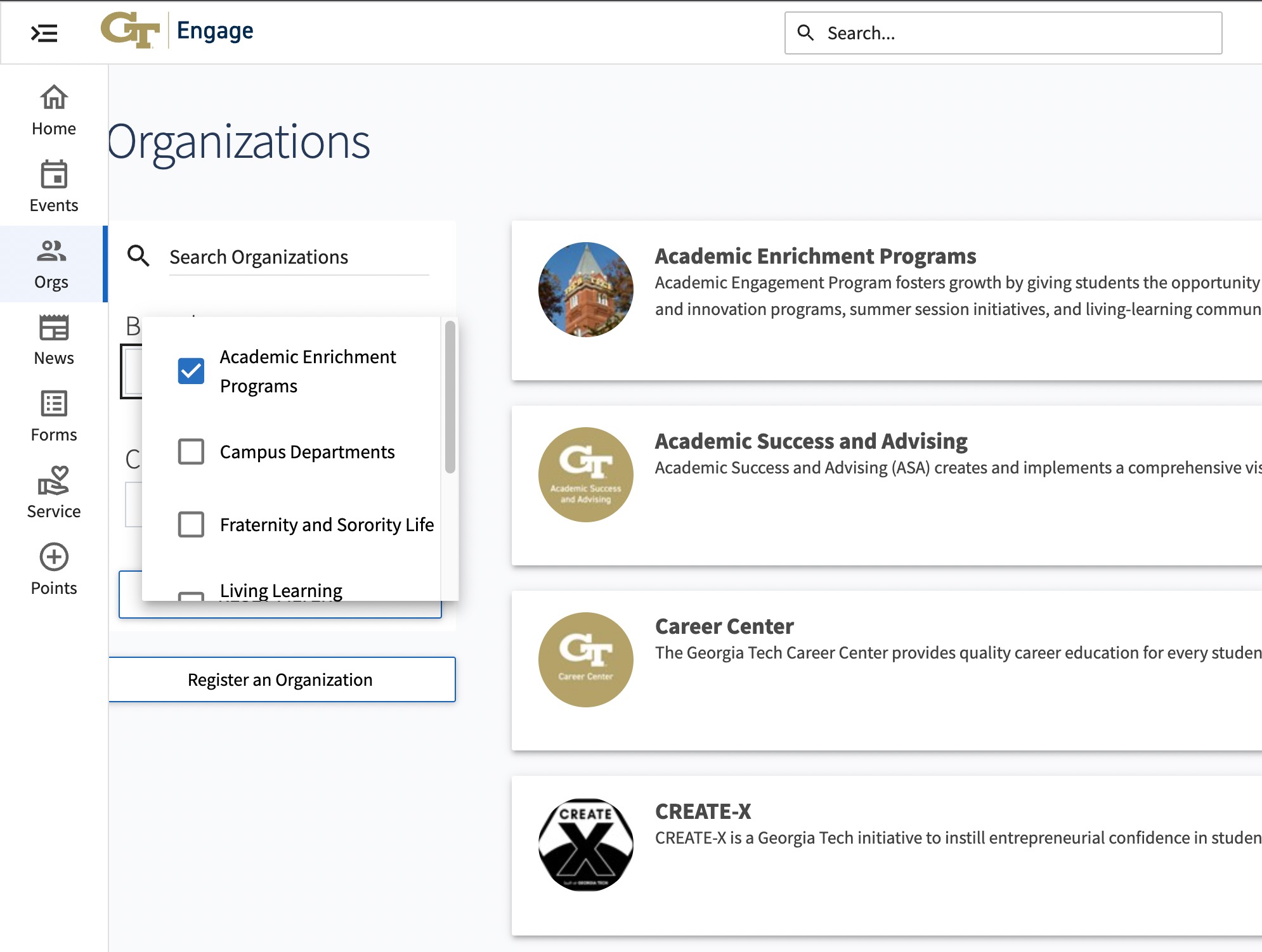 Screenshot of the GT Engage page with clubs filtered by the "Academic Enrichment" category.