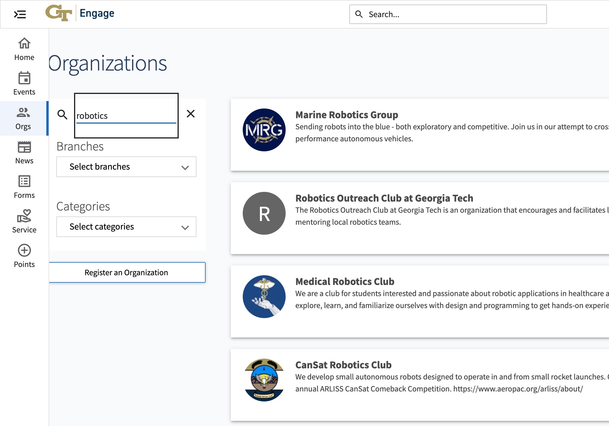 Screenshot of GT Engage page with "robotics" in the search bar. 