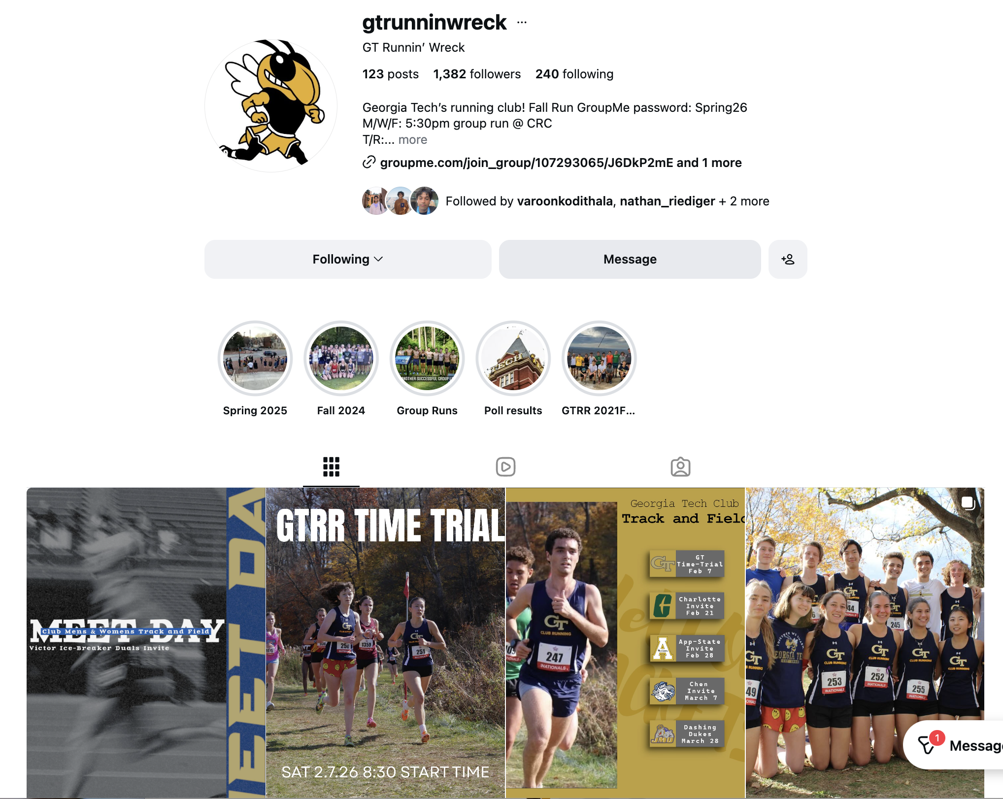 GT Runnin' Wreck Club Instagram page showing off running events and scheduled meets.