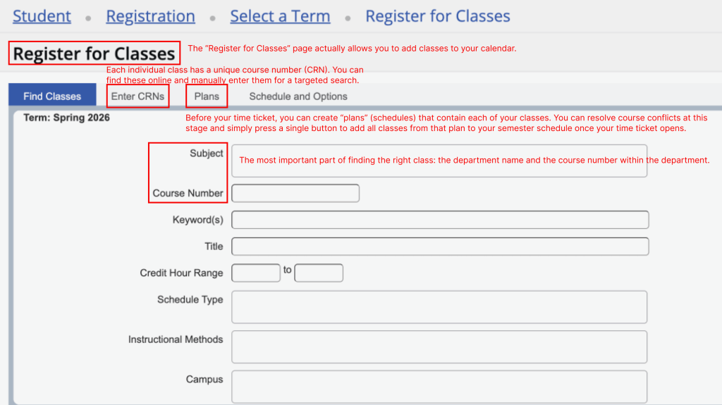 Annotated screenshot of the OSCAR Register for Classes page showing the Find Classes search fields, Enter CRNs tab, and Plans tab.