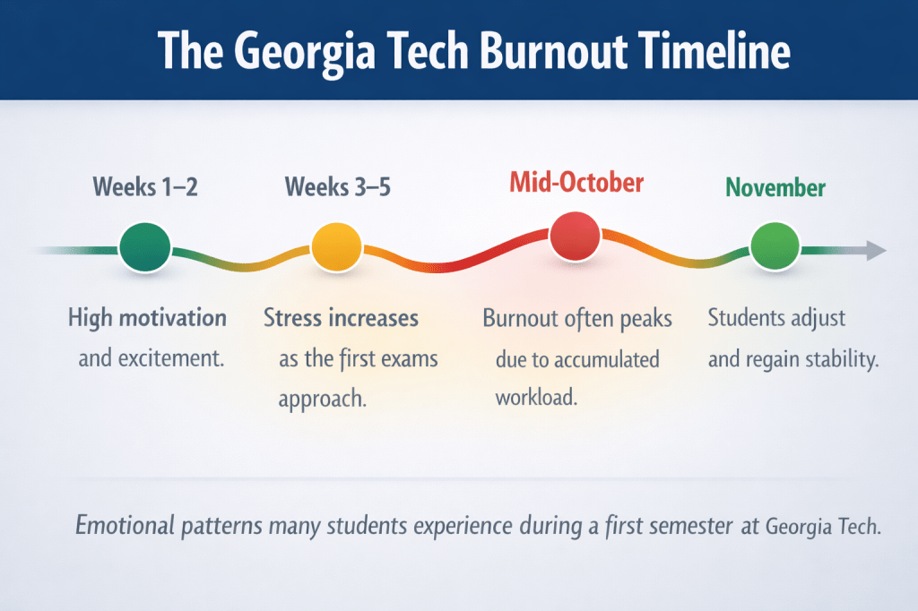 Horizontal timeline showing emotional highs and lows across a typical first semester