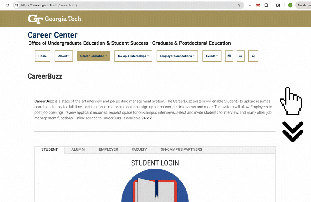 Step 1. CareerBuzz landing page with visual arrows indicating scrolling down to find the student login section
