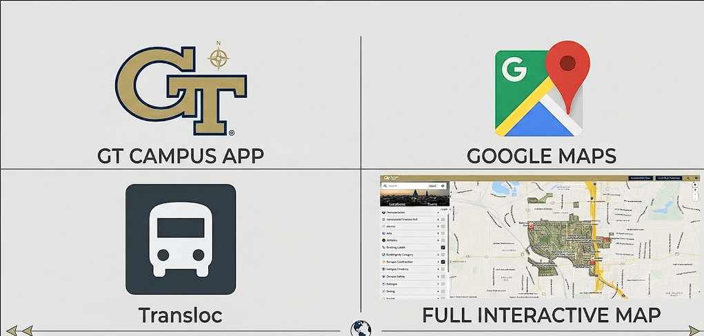 Chart displaying important navigation apps including the GT Campus App, Google Maps, Transloc, and the Full Interactive Map.