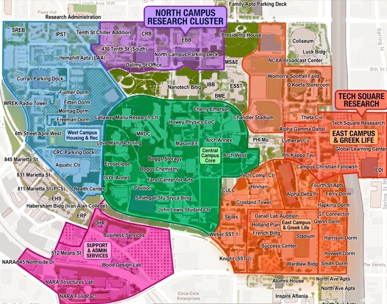 Map of the Georgia Tech campus split into different regions of the campus including Central Campus, West Campus, North Campus, East Campus, and Support and Admin Services.