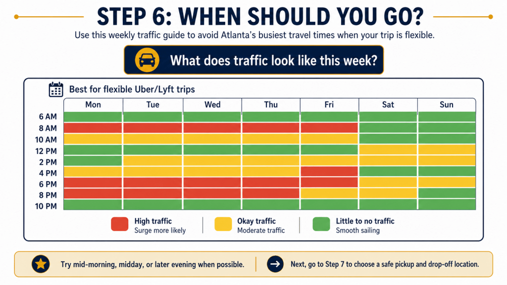 Weekly color-coded traffic calendar showing high, moderate, and low traffic times in Atlanta.