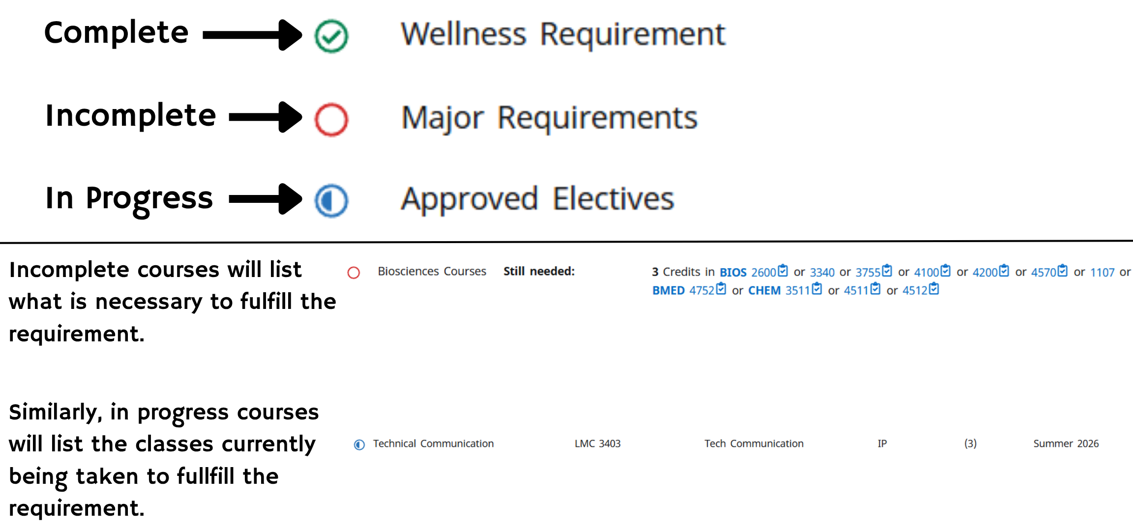 DegreeWorks audit page showing completed requirements and remaining coursework.