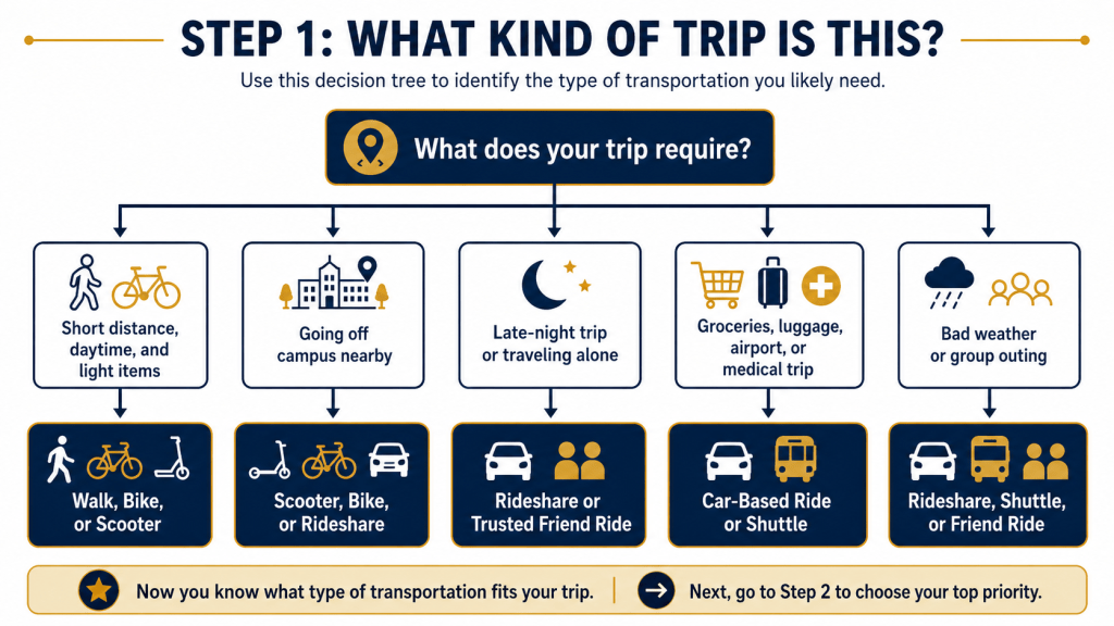 Decision tree showing trip types and matching transportation options for GT students.