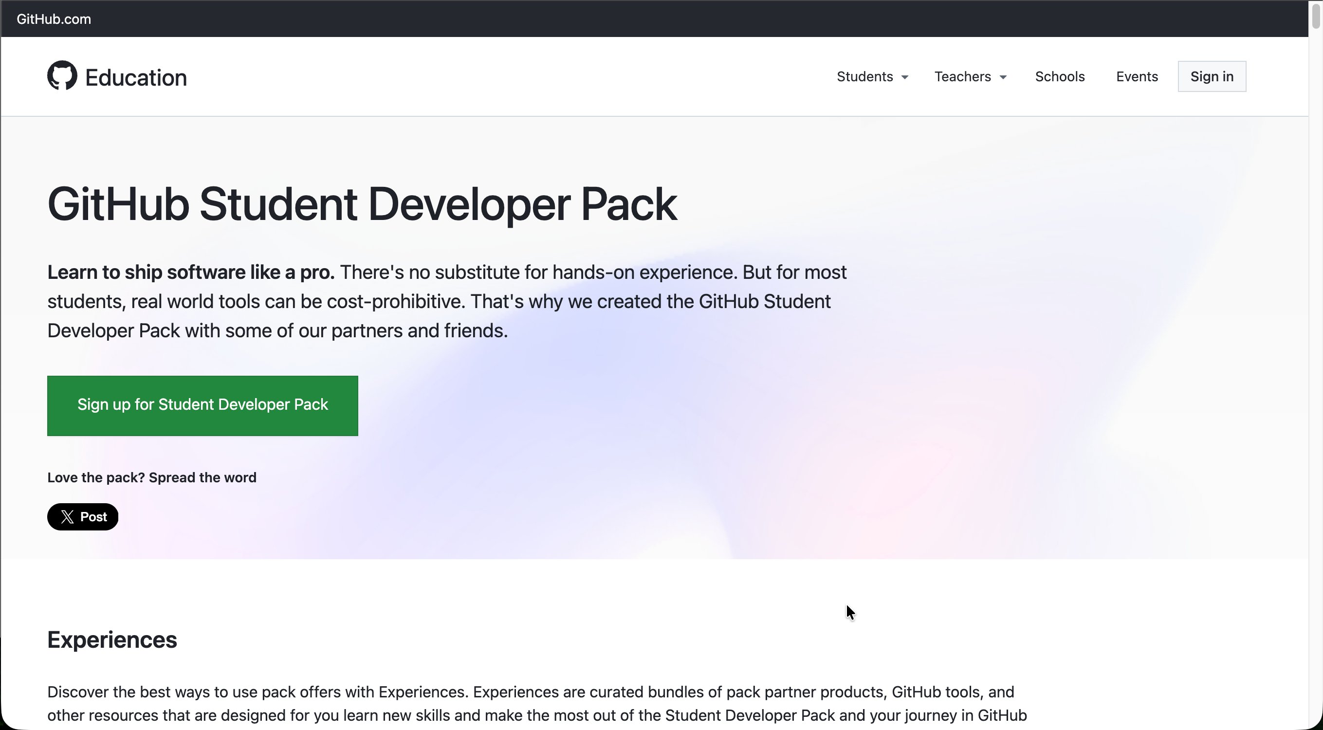 The GitHub Education page titled GitHub Student Developer Pack, with a green button labeled Sign up for Student Developer Pack beneath the introduction.