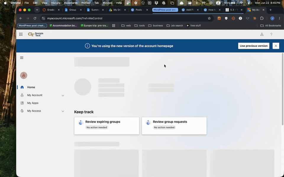 Screen recording of requesting the Google for Education access package in Georgia Tech's MyAccess portal, showing the package that includes Gemini, NotebookLM, and Google Slides, then submitting the request.