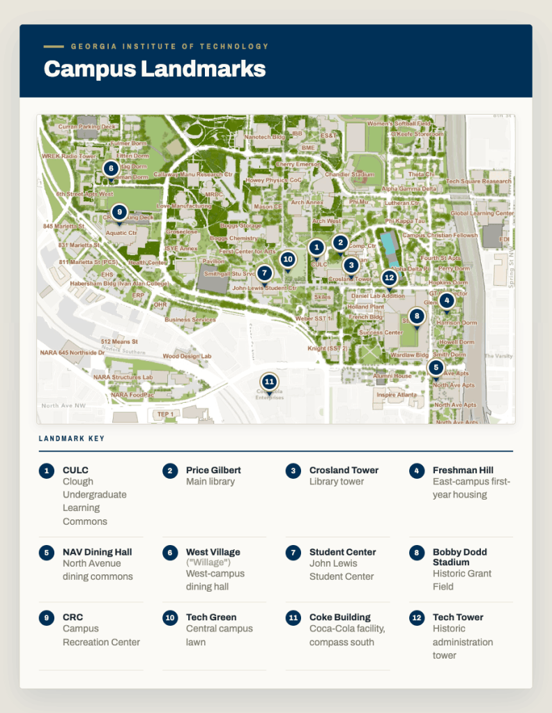 A map of Georgia Tech's campus with pins showing the location of key landmarks on campus along with a legend naming each landmark.