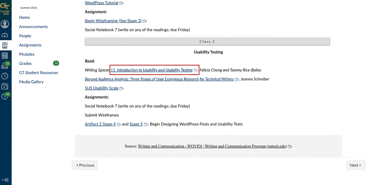 Georgia Tech Canvas course page with a lecture reading highlighted, showcasing an example of course material to gather before using Gemini's Quiz Me feature.