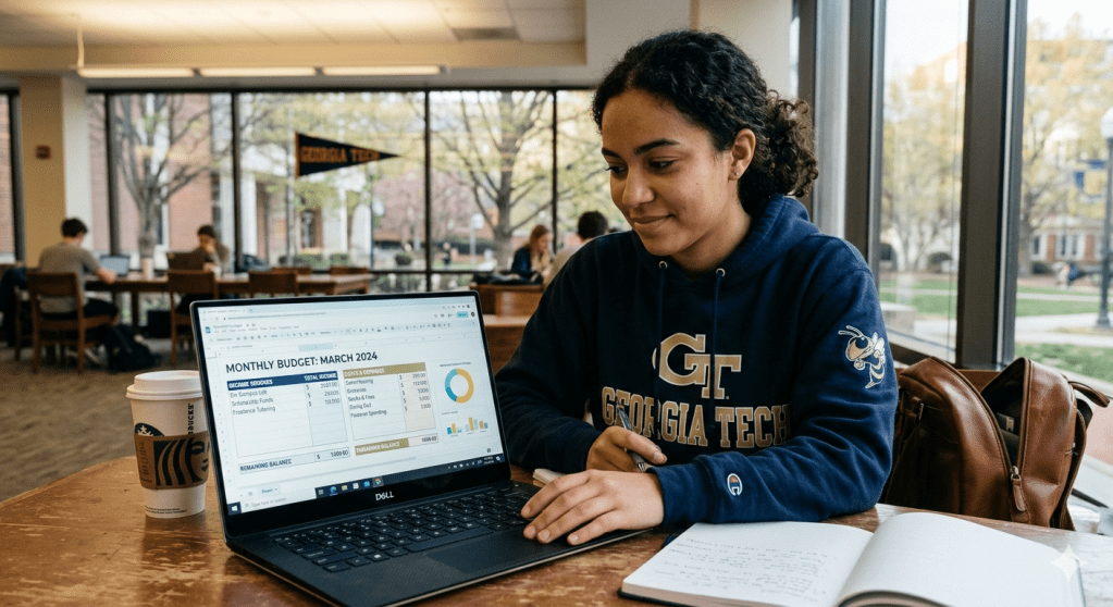 A Georgia Tech student reviewing a monthly budget on a laptop while comparing tuition costs, scholarship information, and personal expenses.