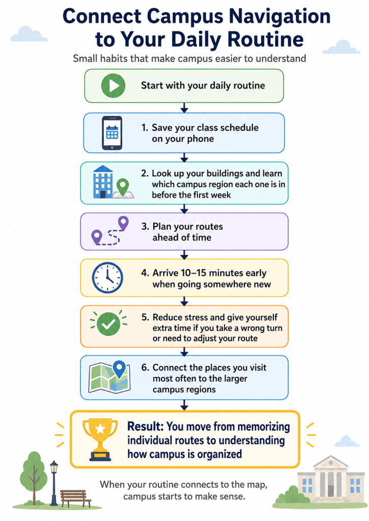 A Flowchart showing small habits for understanding campus, including saving your class schedule, looking up building locations, planning routes, arriving 10–15 minutes early, reducing stress, and connecting frequently visited places to larger campus regions.