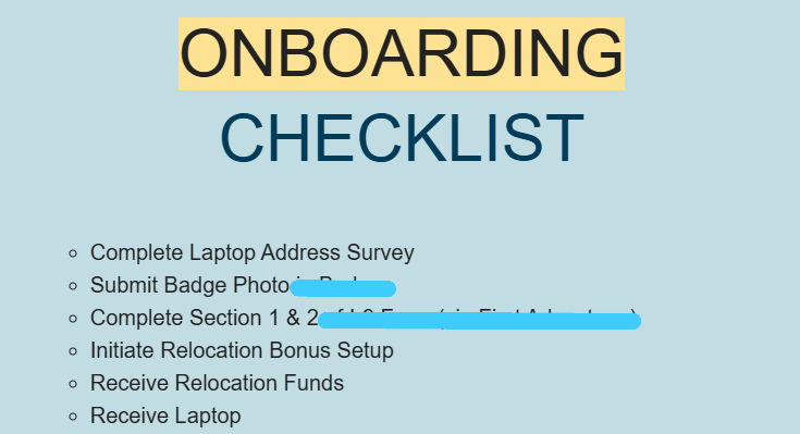 Internship onboarding portal displaying required tasks, forms, and preparation materials to be completed before the start date.