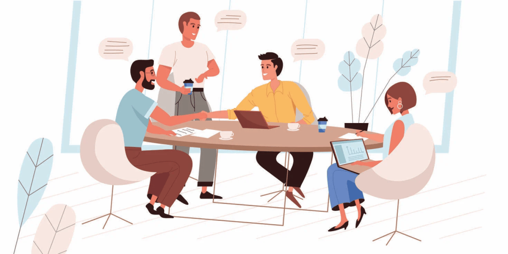 Employees participating in a team meeting and discussing project updates in a professional workplace setting.