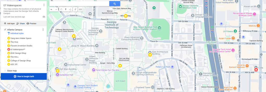 The image displays a custom Google Map titled GT Makerspaces, with a subtitle explaining that the map contains the locations of all physical makerspaces near the Georgia Tech Atlanta Campus.

A left-hand sidebar under the Atlanta Campus layer lists eight specific makerspaces, which are Yang Aero Maker Space, The Hive, Flowers Invention Studio, AI Makerspace (marked with two asterisks), BME Design Shop, The MILL, College of Design Shop, and ADC XR.

The main area of the image features a geographic map of the Georgia Tech campus and surrounding Midtown Atlanta streets, with yellow and red pin indicators marking where each makerspace is physically located across the campus grounds.