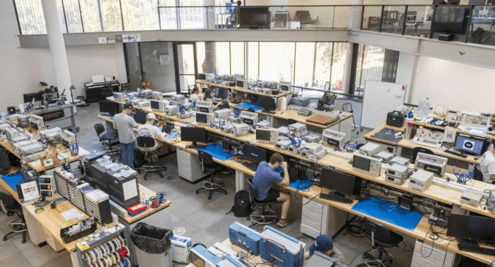 A top down view of the electronic workstations in The Hive.