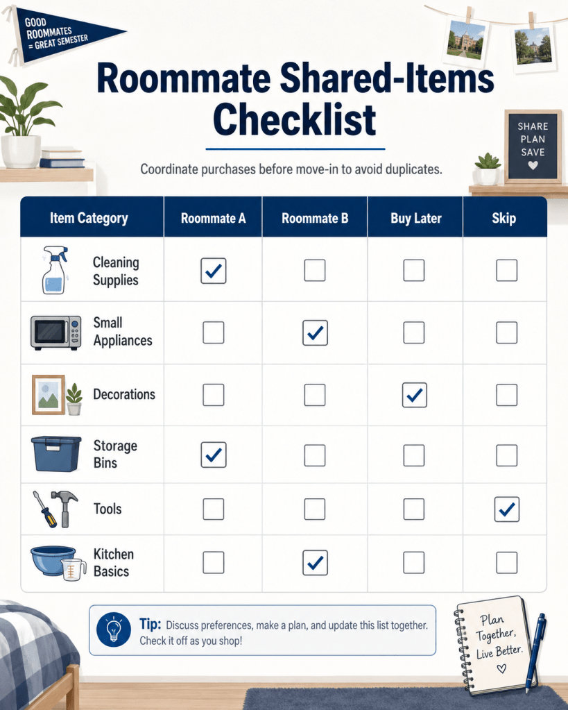 Checklist showing shared dorm categories such as cleaning supplies, appliances, decorations, storage, and tools for roommates to discuss before move-in.
