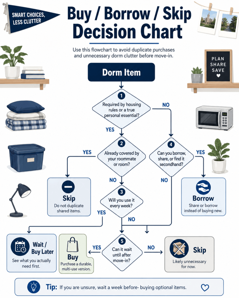Flowchart showing how students decide whether to buy, borrow, wait on, or skip a dorm item based on housing rules, roommate plans, weekly use, and availability after move-in.