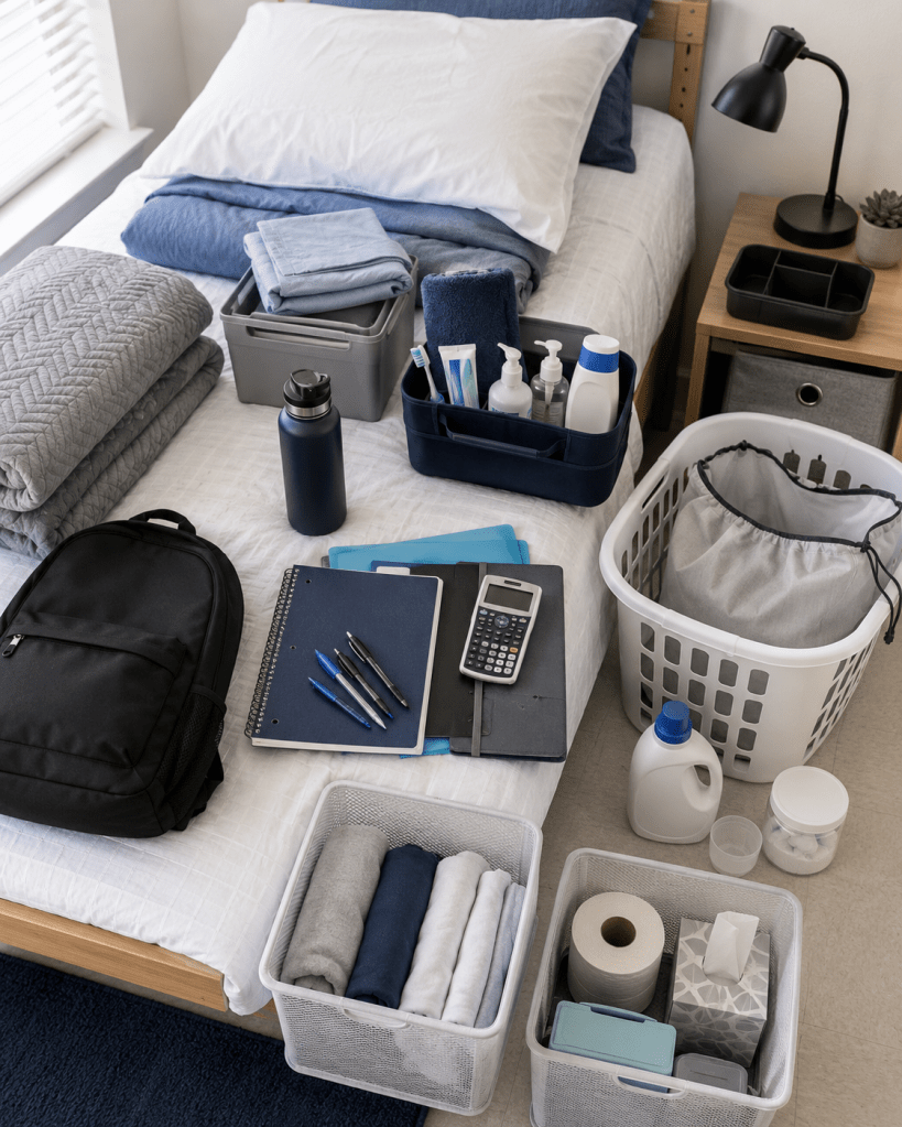 Photo-style layout of basic dorm supplies, including bedding, toiletries, laundry items, reusable water bottle, school supplies, and storage containers