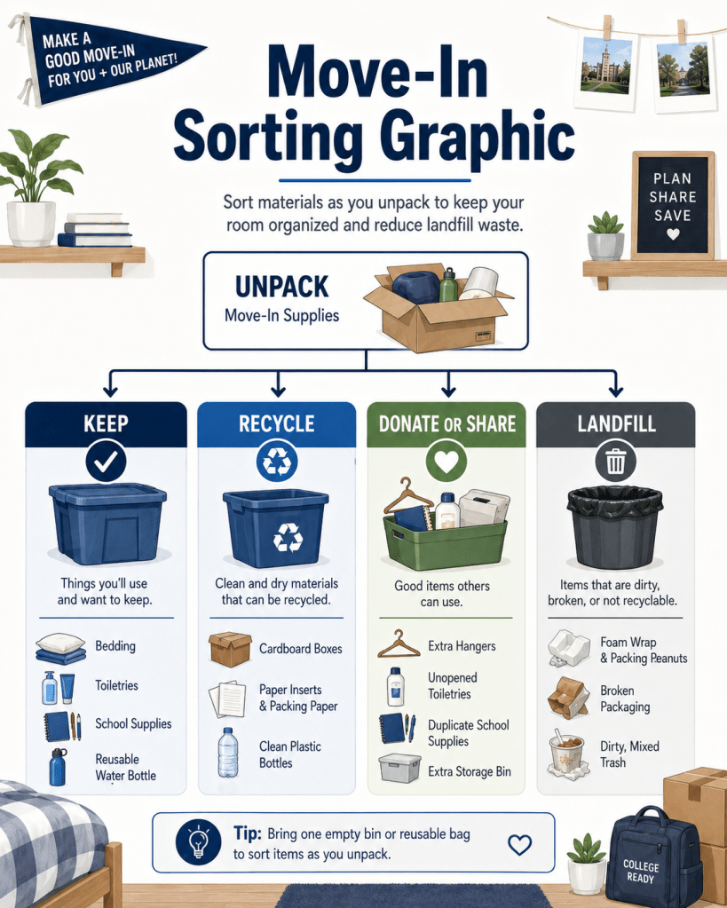 Four labeled sorting piles for move-in day: keep, recycle, donate or share, and landfill