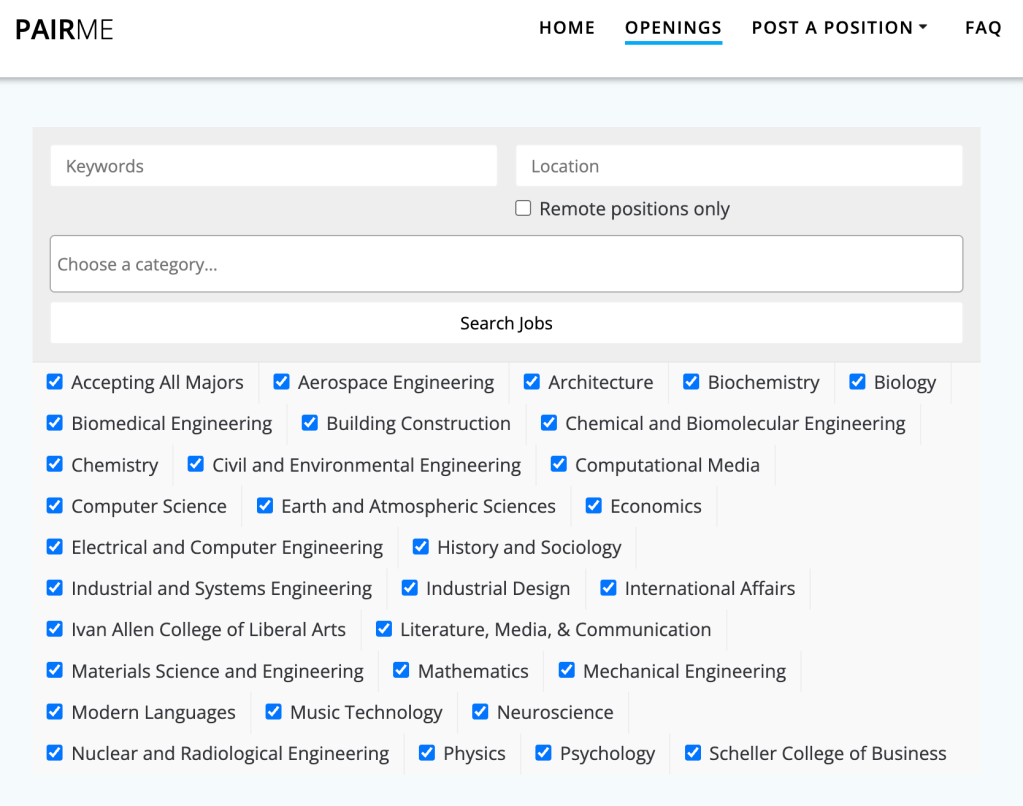PairMe openings page showing search filters for keywords, location, remote positions, category, and department checkboxes.