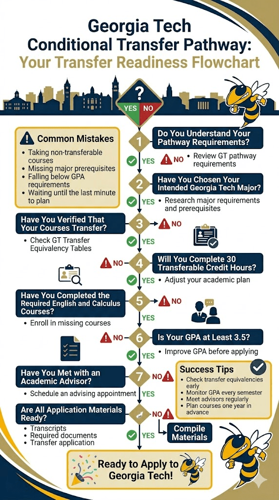 Shows a flowchart that describes different things a student should do before submitting a transfer application and when they are ready to apply.