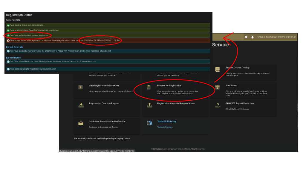 Annotated screenshots of the Oscar "Registration Status" interface, featuring bright red bounding circles around the "Holds" section and the "Time Ticket" timestamp to show users exactly where to look.