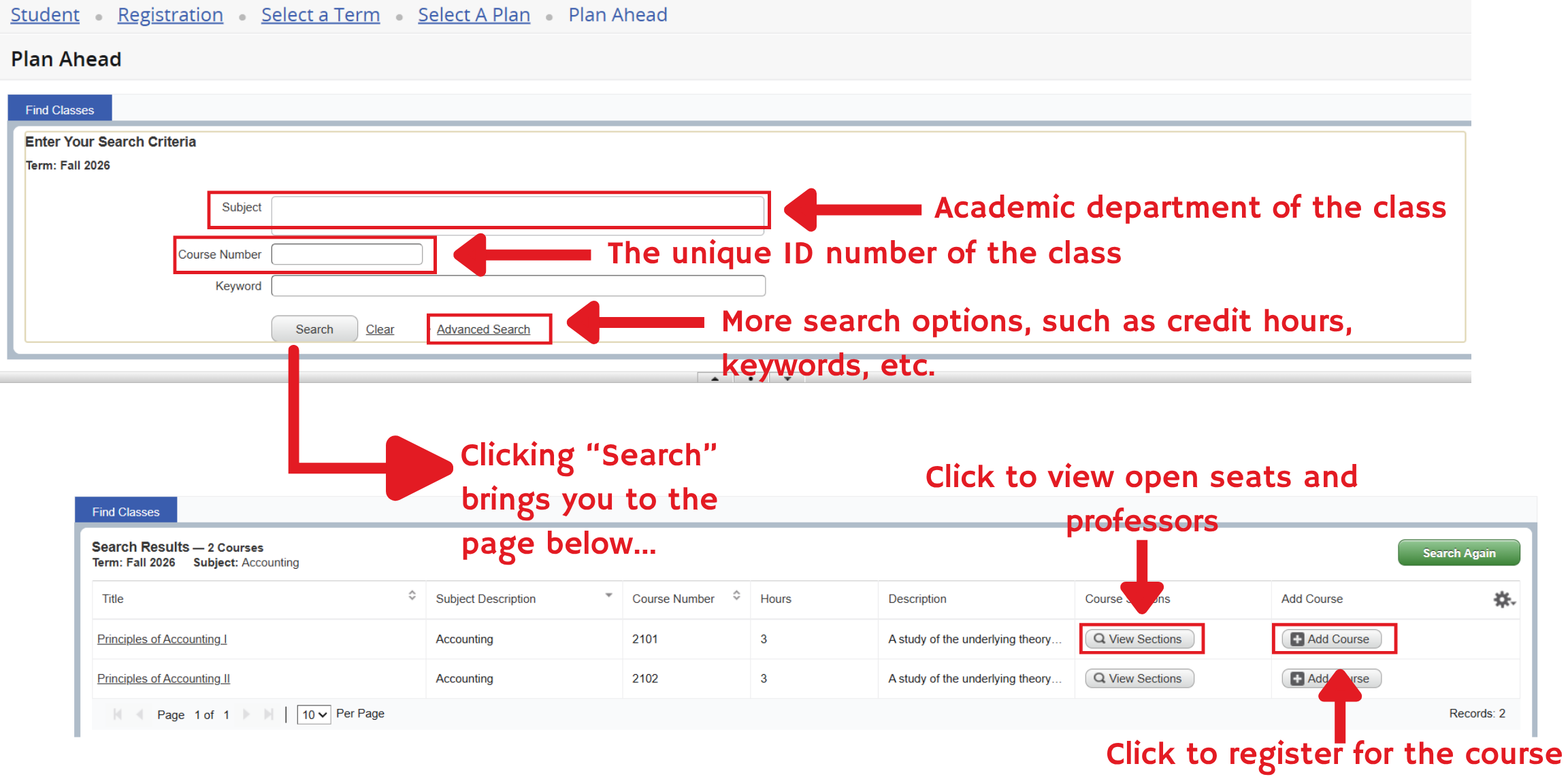 OSCAR registration interface displaying course search results and enrollment options.