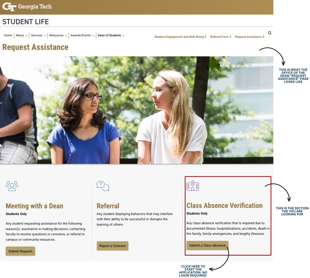 The Institute Approved Absence web app home screen at new.iaa.gatech.edu.